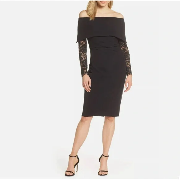 we wore what black lace dress Karen Kane V Neck Scallop Hem Lace Dress, XS, Black main image 0
